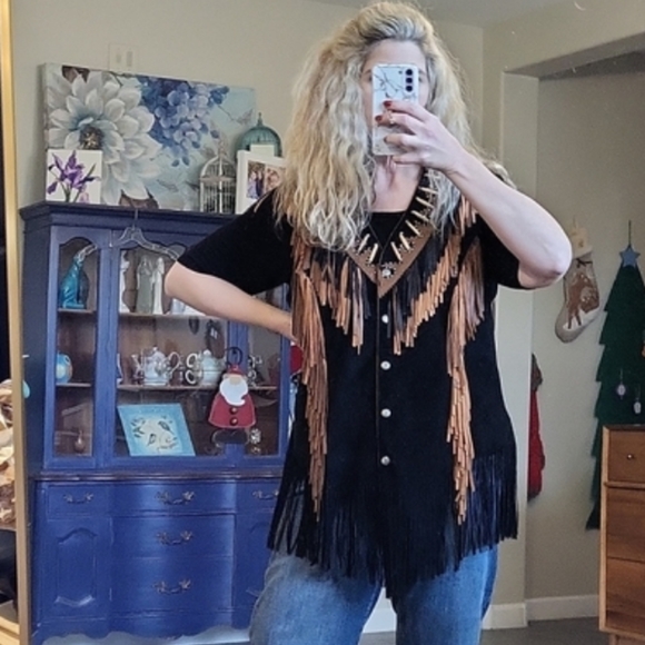Vintage Tribe America Western Leather Fringe Bone Accent Plus Size Black Size 20 - Picture 1 of 13